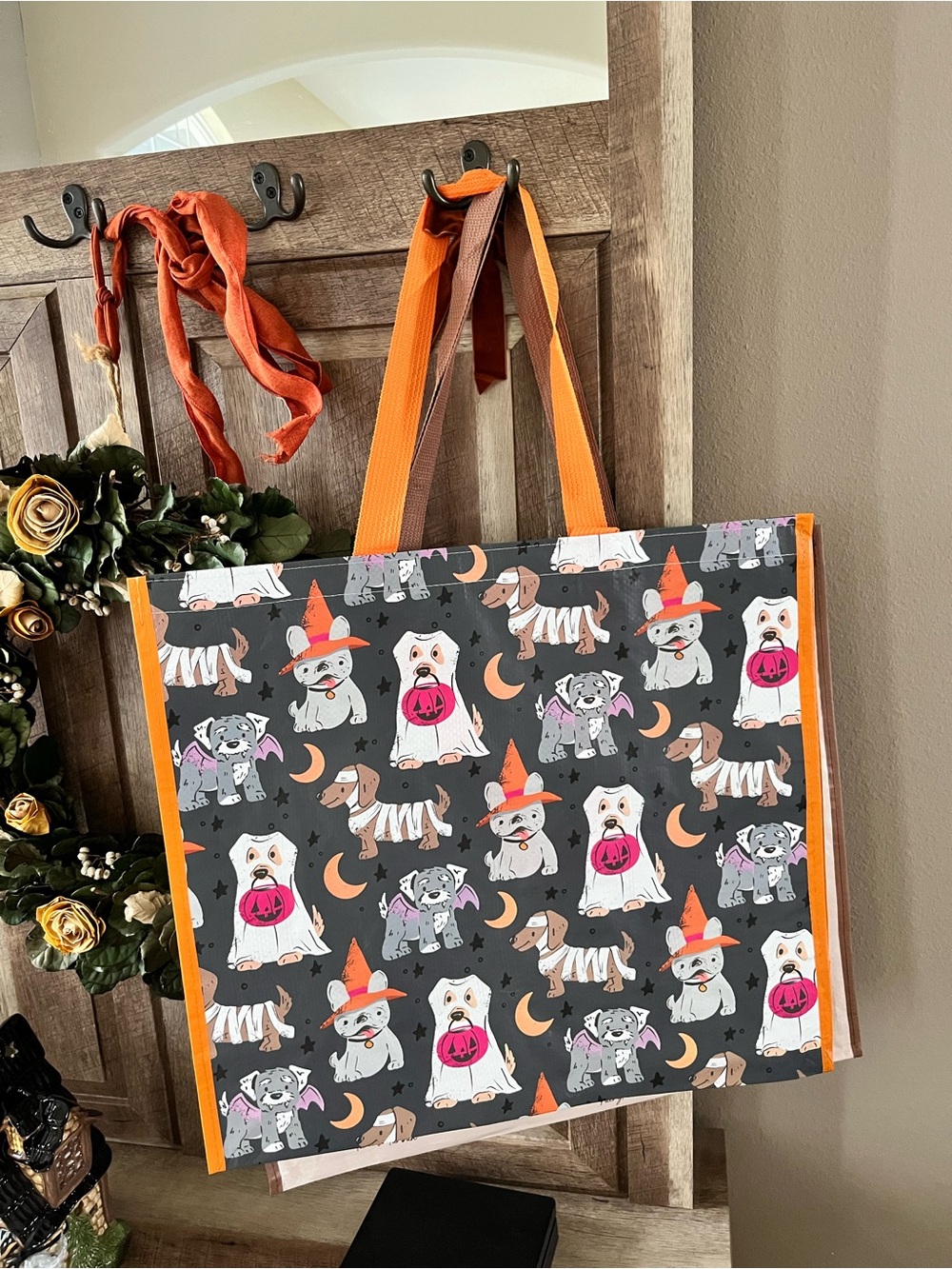 Halloween Dog Print Reusable Tote Bag - Orange Handles